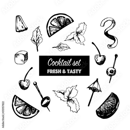 Slices of fruits for decoration of cocktails. Hand drawn summer set: orange, grapefruit, pinapple, spiral peel of orange and piece lime.