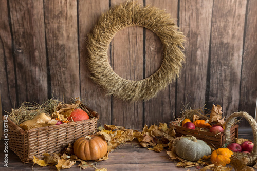 autumn background. orange pumpkins. in the autumn photo zone for a photo shoot