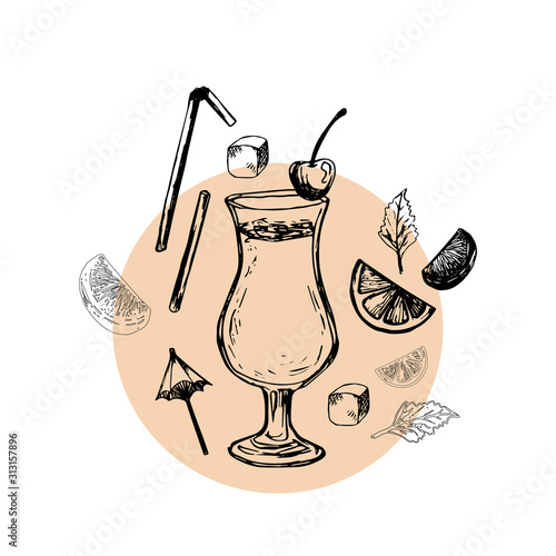 Vector layout with alcohol cocktails and fruits and decoration of cocktails. Hand draw. Isolated elements for summer menu, invitations, vacation design.