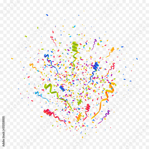 Confetti burst vector illustration. Color ribbons and streamers. Birthday party background