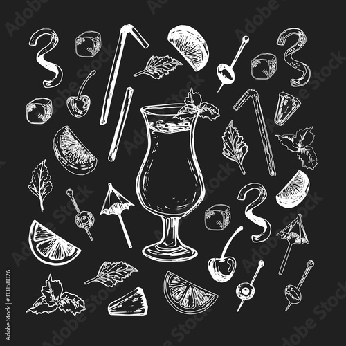 Vector set of alcohol popular cocktails with slices of fruits and decoration of cocktails. Hand draw. Isolated, high resolution elements for summer menu, invitations, vacation design.