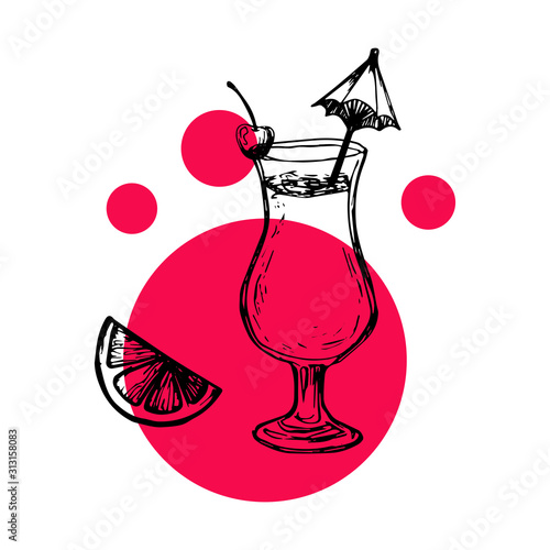 Vector layout with alcohol cocktails and fruits and decoration of cocktails. Hand draw. Isolated elements for summer menu, invitations, vacation design