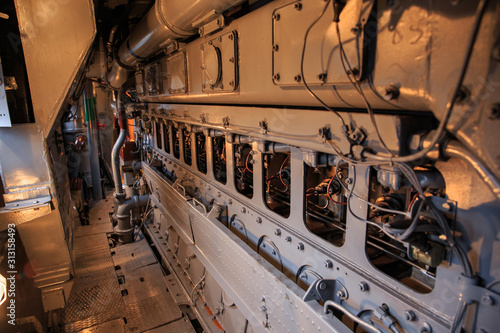  Engine room of a diesel railway locomotive