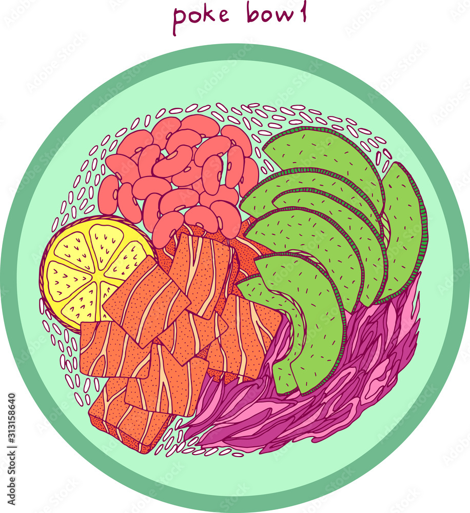 Poke bowl. Asian food illustration. Bright colorful realistic sketch.  Salmon, avocado, rice. Vector art Stock Vector