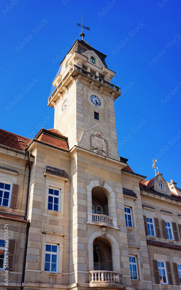 Town Hall in town Leibnitz in Styria in Austria. Street architecture. Blue sky on the background.