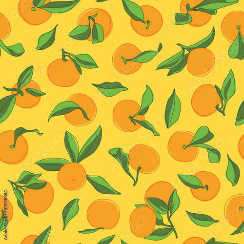 Tangerine Colorful Vector Drawing Seamless Pattern on Yellow Background