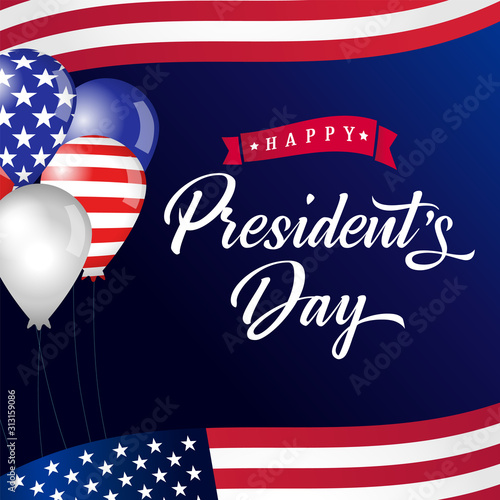 Photo Happy Presidents Day lettering, USA balloons and flags