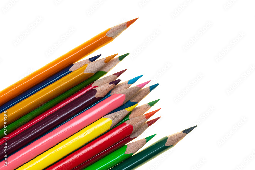 Fototapeta premium Colored wooden pencils on a white background.