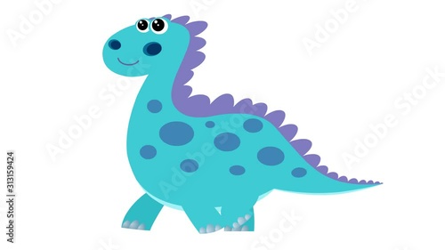 Cartoon blue dino walking cycle. Alpha matte included. Cute 2d hand made prehistoric violet dinosaur character animation good for any use.  photo