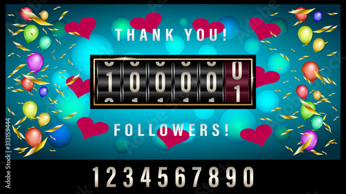 Mechanical counter 100000 followers Greeting banner 3d vector