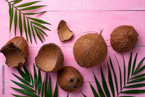 Coconuts and palm leaves on pink