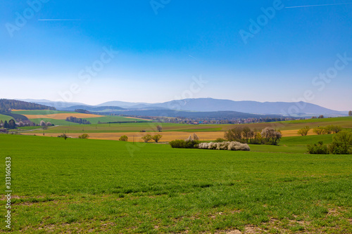 Wiew of transmitter Hohen Bogen ( Germany). Coutryside landscape in summer season.