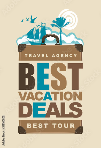 Vector travel banner with a suitcase, sailing yacht, palm tree, sun and clouds in retro style. Summer poster, flyer, invitation or card with the words Best vacation deals