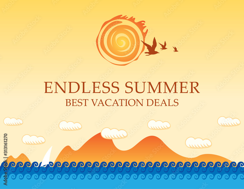 Fototapeta premium Vector travel banner with the seascape and words Endless summer. Illustration with seagulls in the sky and white sailboat in the sea. Suitable for poster, flyer, invitation or card in cartoon style