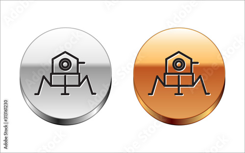 Black line Mars rover icon isolated on white background. Space rover. Moonwalker sign. Apparatus for studying planets surface. Silver-gold circle button. Vector Illustration