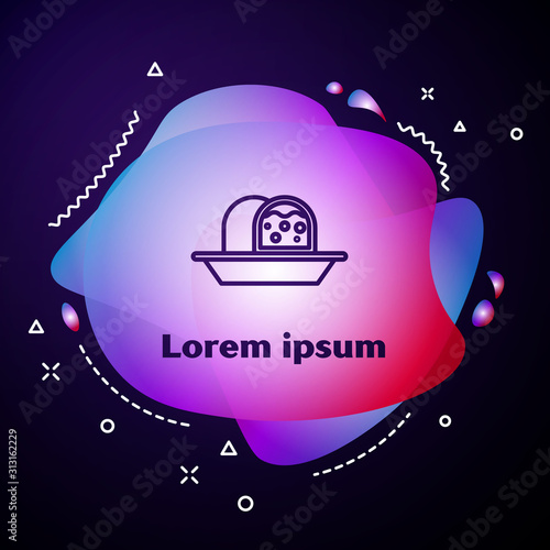 Purple line Marzipan sponge cake icon isolated on blue background. Merry Christmas and Happy New Year. Abstract banner with liquid shapes. Vector Illustration