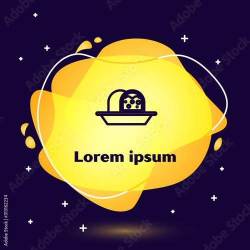 Black line Marzipan sponge cake icon isolated on blue background. Merry Christmas and Happy New Year. Abstract banner with liquid shapes. Vector Illustration