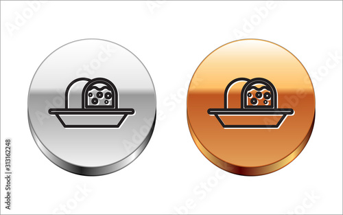 Black line Marzipan sponge cake icon isolated on white background. Merry Christmas and Happy New Year. Silver-gold circle button. Vector Illustration