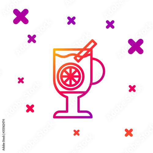 Color line Mulled wine with glass of drink and ingredients icon isolated on white background. Cinnamon stick, clove, lemon slice. Gradient random dynamic shapes. Vector Illustration