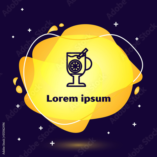 Black line Mulled wine with glass of drink and ingredients icon isolated on blue background. Cinnamon stick, clove, lemon slice. Abstract banner with liquid shapes. Vector Illustration