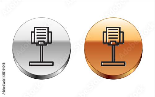 Black line Music stand icon isolated on white background. Musical equipment. Silver-gold circle button. Vector Illustration