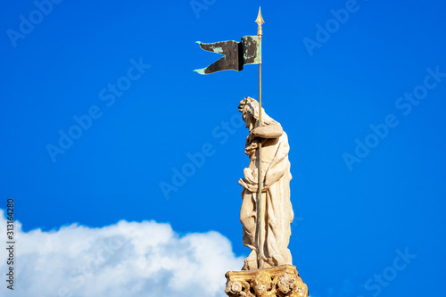 St Florian Column on Grajski trg  or Castle Square in Old city in Maribor in Slovenia in Europe. Lower Styria in Slovenija. Blue sky with clouds and sunny day.