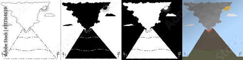 Set of vector illustration of an erupting volcano. Emission of ash and smoke from the crater. Line style, silhouette, flat style.
