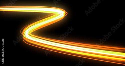 Light wave with trail path, orange neon glowing flash trace. Car lights trace effect, optic fiber glow and magic bright light in motion curve on black background photo