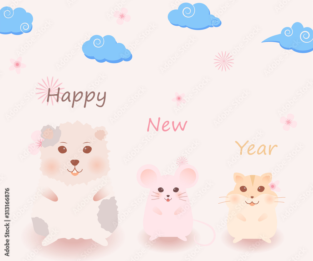 Happy new year background. Guinea pig, mouse, hamster and flower with cloud chinese on pastel color background.