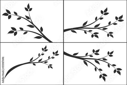Set of silhouette of a branch with leaves. Young tree. 