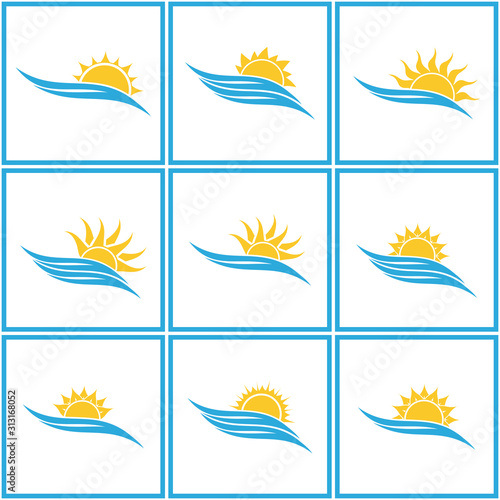 Set of sunset line icon. Sunrise logo. Wave and sun vector logo template. 