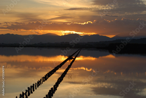Sunset on the saline in Molentargius Park Cagliari Italy, gold clouds are reflected in water.