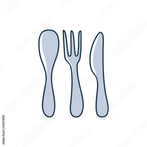Spoon, knife and fork cartoon doodle vector stock icon in flat style. Decoration kitchenware element Isolated on white background. Flat design. Vector illustration