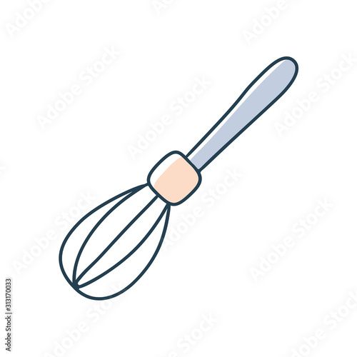 Whisk or beater cartoon doodle vector stock icon in flat style. Decoration kitchenware element Isolated on white background. Flat design. Vector illustration.