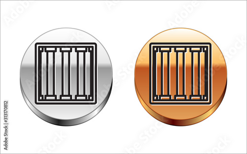 Black line Prison window icon isolated on white background. Silver-gold circle button. Vector Illustration