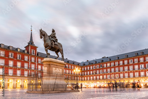 Madrid, Illuminated Plaza Mayor at dusk
