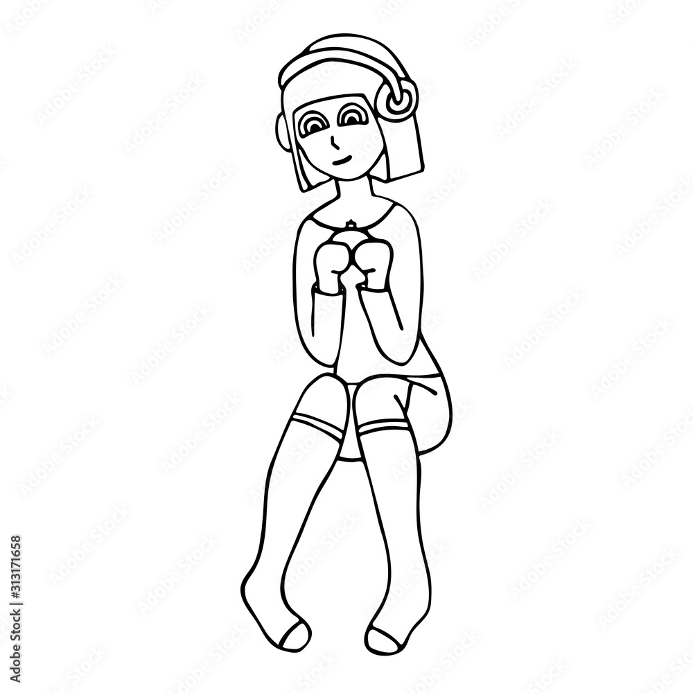 cute white girl gamer with a gamepad in hands and headphones. White background isolated outline vector illustration cute white girl gamer with a gamepad in hands and headphones. White background isolated outline vector illustration