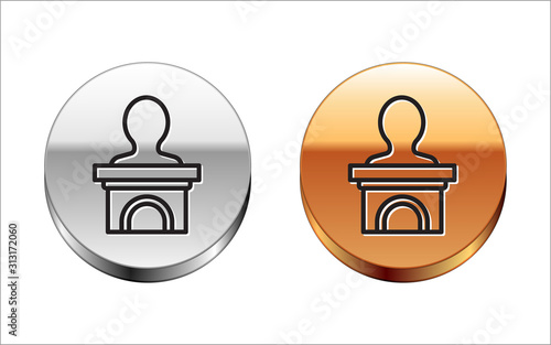 Black line Stage stand or debate podium rostrum icon isolated on white background. Conference speech tribune. Silver-gold circle button. Vector Illustration