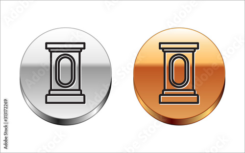 Black line Stage stand or debate podium rostrum icon isolated on white background. Conference speech tribune. Silver-gold circle button. Vector Illustration
