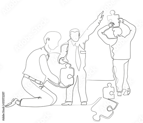 One continuous line drawing of Businessmen making a puzzle on the wall. Simple line art drawing of A group of businessmen and Teamwork concept.