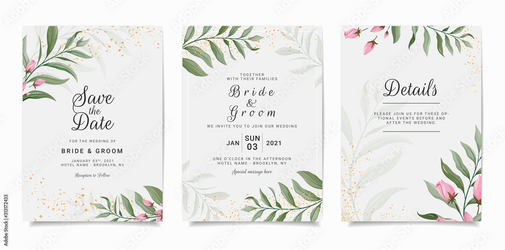 Set of card with flowers. Elegant invitation template set with floral decoration. Leaves botanic illustration for wedding card, background, save the date, greeting, poster, cover, event vector Set of card with flowers. Elegant invitation template set with floral decoration. Leaves botanic illustration for wedding card, background, save the date, greeting, poster, cover, event vector