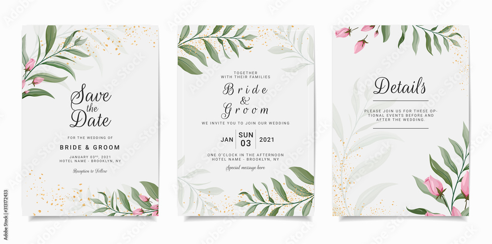 Set of card with flowers. Elegant invitation template set with floral decoration. Leaves botanic illustration for wedding card, background, save the date, greeting, poster, cover, event vector