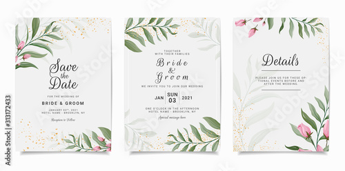 Set of card with flowers. Elegant invitation template set with floral decoration. Leaves botanic illustration for wedding card  background  save the date  greeting  poster  cover  event vector