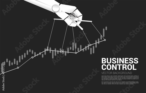 Robot Puppet Master controlling business growing graph. Concept of age of A.i. manipulation .