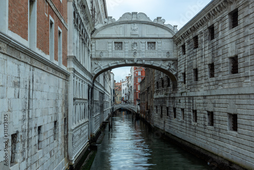 Morning view of the Bridge of Sighs in Venice.