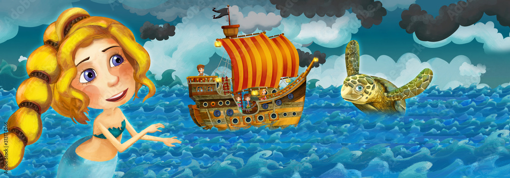 Naklejka premium Cartoon scene with old ship sailing during storm with mermaid watching - illustration for the children