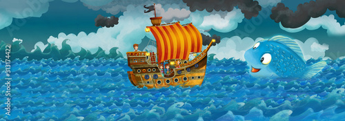 Cartoon scene with old ship sailing during storm with mermaid watching - illu...