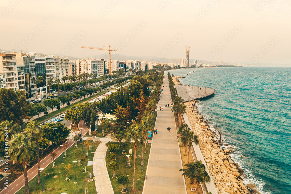 Aerial View of Molos Promenade panorama, Drone point of View. Limassol City Coast, Cyprus.
