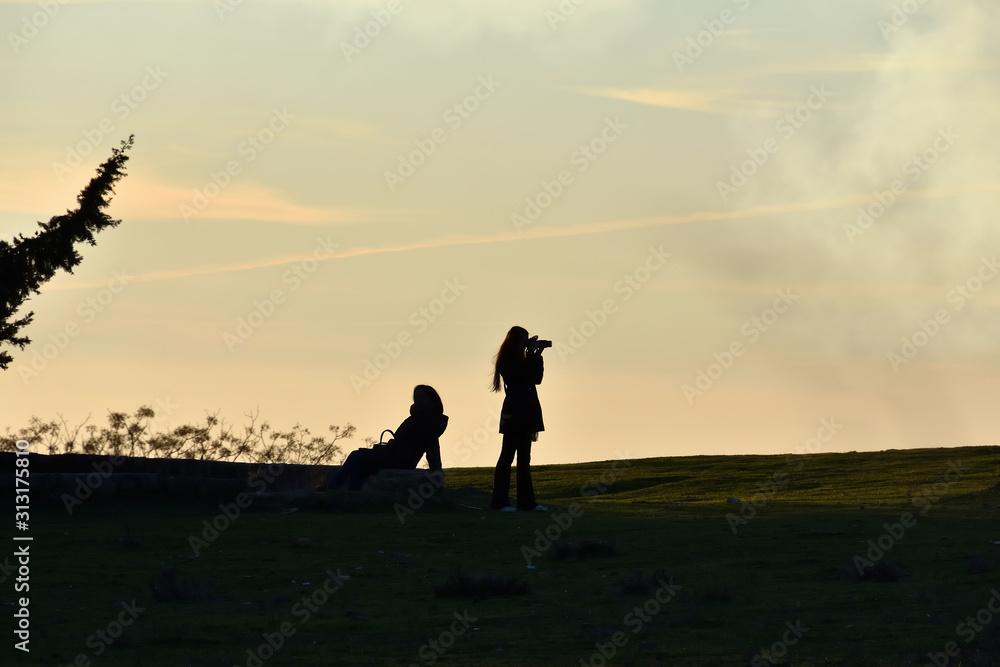 Silhouettes of a young photographer next to another woman sitting admiring the beauty of a large fir tree in a foggy atmosphere with the bucolic and dramatic light of the sunset