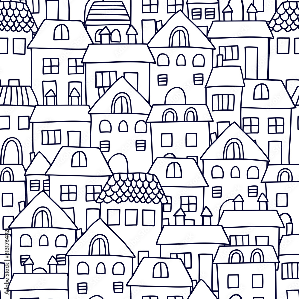 Cute cartoon pattern with houses. Vector city seamless pattern. Seamless vector background.